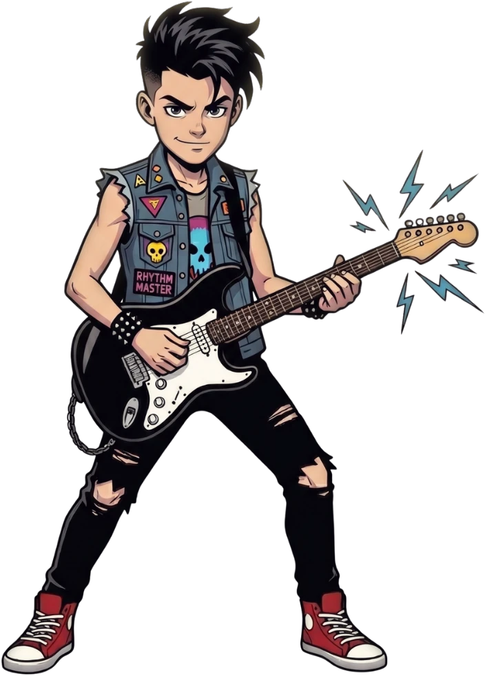 A young rhythm guitarist playing an electric guitar