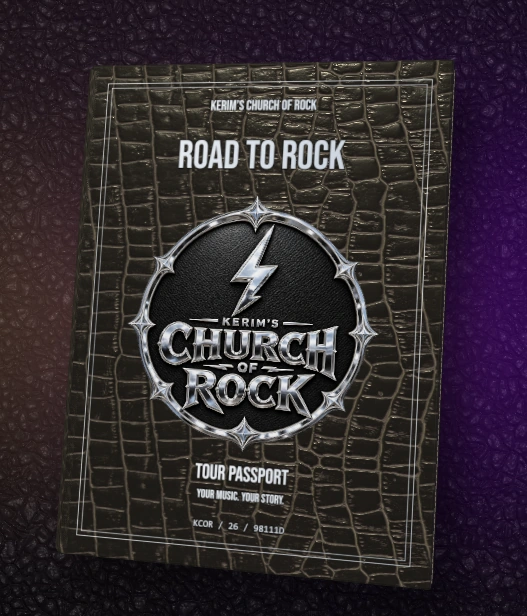 Book-style artwork for the digital Tour Passport, featuring the Church of Rock emblem